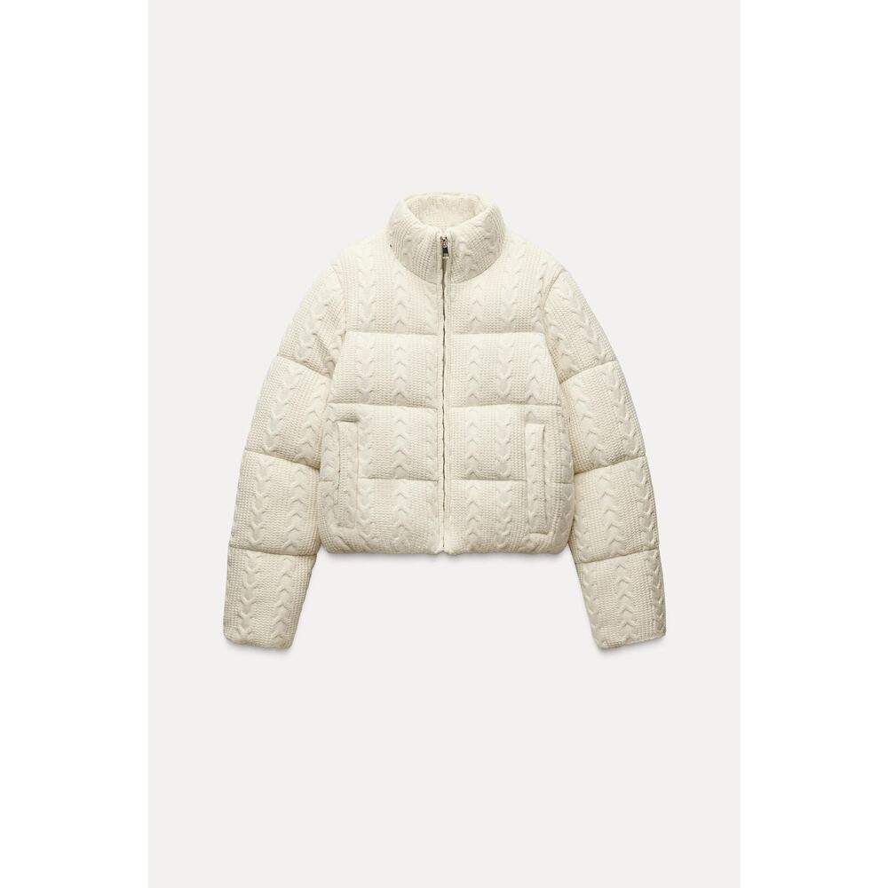 Zara Ivory Ecru Cream Knit Puffer Jacket - S - Ivory